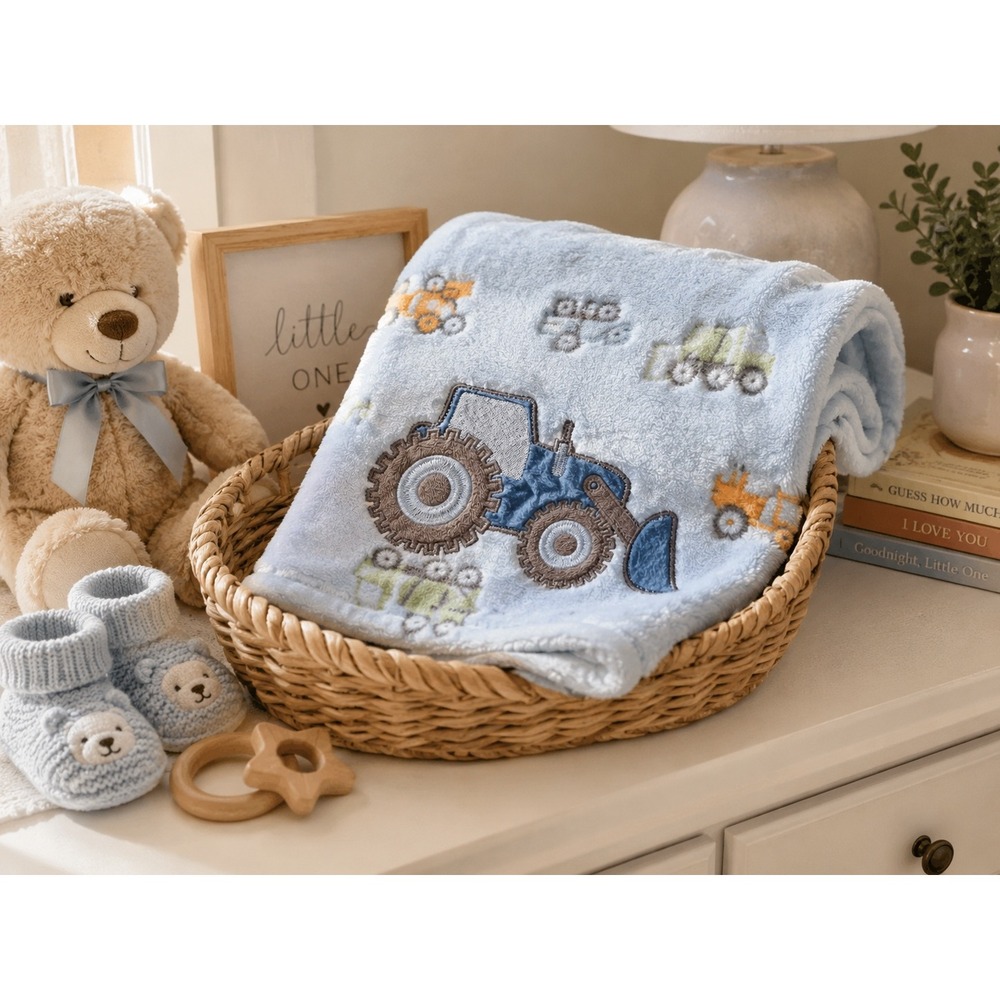 Baby Gear Blue Construction Tractor Plush Baby Blanket 30x40 BB2000005 NWT